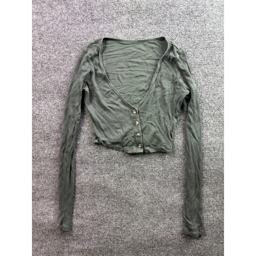 Alo Yoga Cardigan Women XS Green Ribbed Long Sleeve Cropped Button Front V-Neck